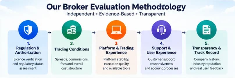 Infographic illustrating the 5-pillar broker evaluation architecture: regulatory tier, execution costs, deposit corridors, platform stability, and counterparty safety