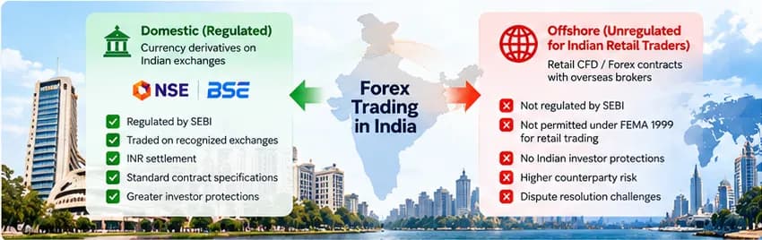 Diagram illustrating the dual-track structure of forex trading in India: domestic SEBI-regulated exchanges versus offshore CFD contracts under FEMA