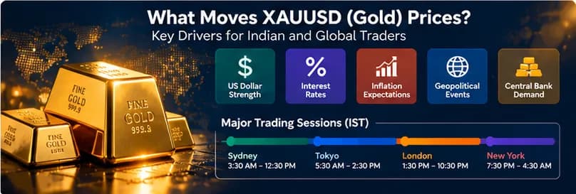 Technical infographic mapping the primary macroeconomic drivers of XAU/USD gold prices: US Dollar Index, real interest rates, central bank reserves, and geopolitical hedging